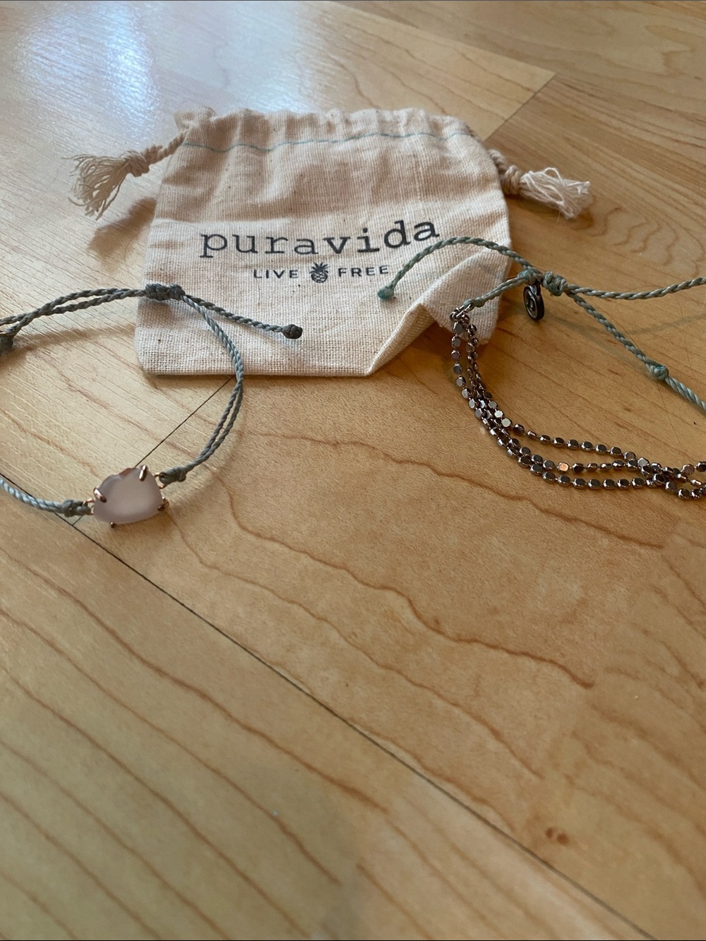 Bundle of 2 Pura Vida Bracelets Rose Quartz Heart and silver on Sage Cord